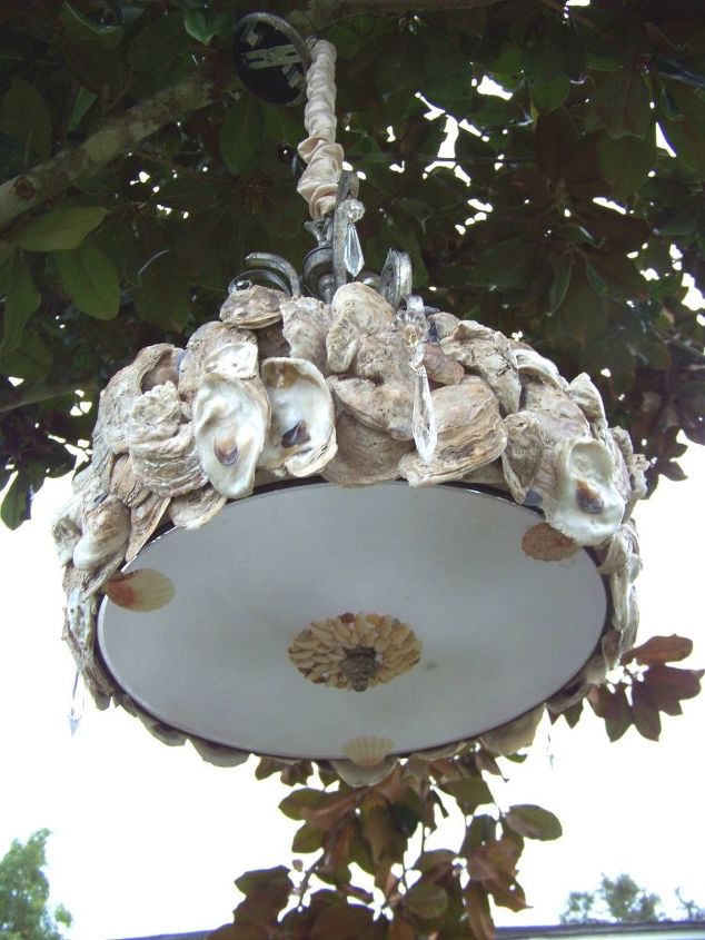 hanging oyster shell chandelier, diy, home decor, lighting, repurposing upcycling, Oyster Shell Chandelier Created on old chandelier that has been resourced