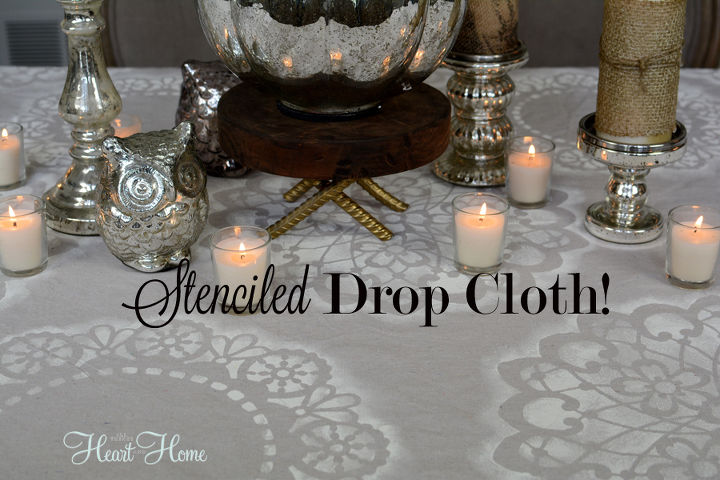 stenciled drop cloth, crafts, This stenciled drop cloth could easily be used for curtain panels or a shower curtain I m using it for a table cloth