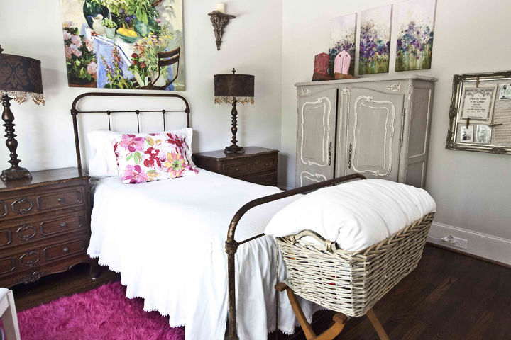 french grown up girls room, bedroom ideas, home decor, Antique iron bed with large colorful artwork pair with vintage French armoire to give the room an elegant yet homey feel