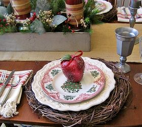a farmhouse christmas in the dining room, christmas decorations, seasonal holiday decor, wreaths, A grapevine wreath serves as a charger
