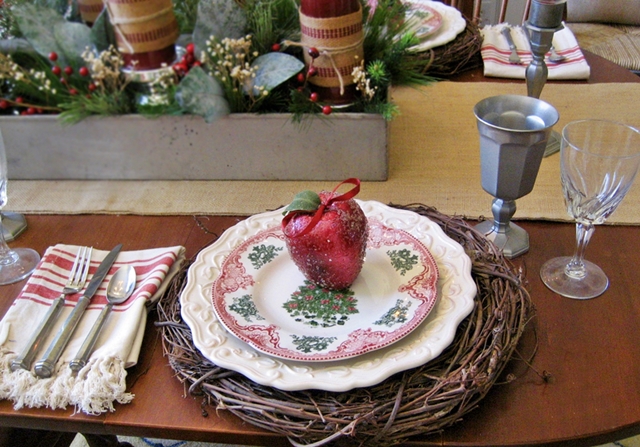 a farmhouse christmas in the dining room, christmas decorations, seasonal holiday decor, wreaths, A grapevine wreath serves as a charger