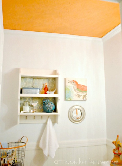 my tangerine ceiling a powder room makeover with a pop of color, bathroom ideas, home decor, Adding color to a ceiling is an unexpected and fun way to incorporate it into an otherwise neutral color palette