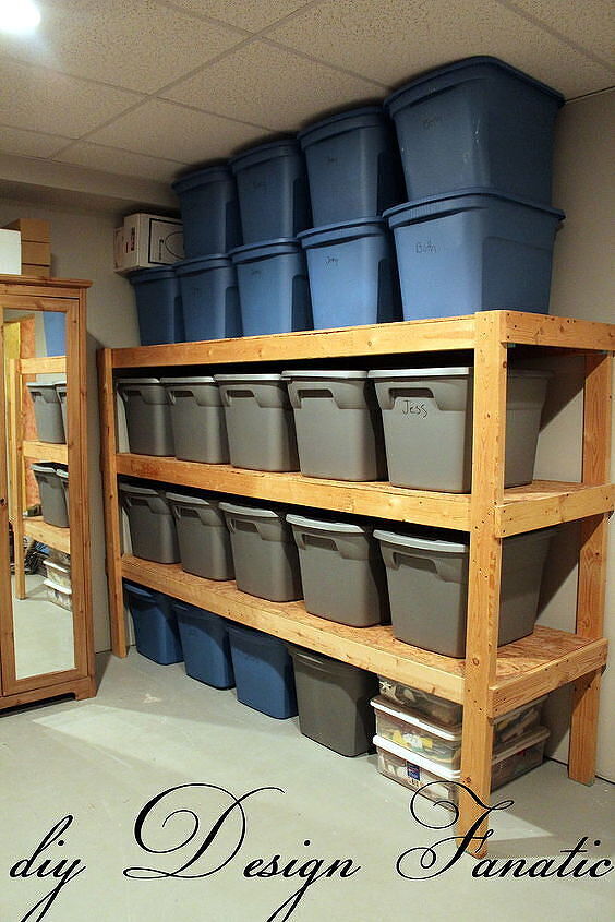 easy storage idea, shelving ideas, storage ideas, woodworking projects, We spaced the shelves to fit our storage containers in order to maximize our limited storage space