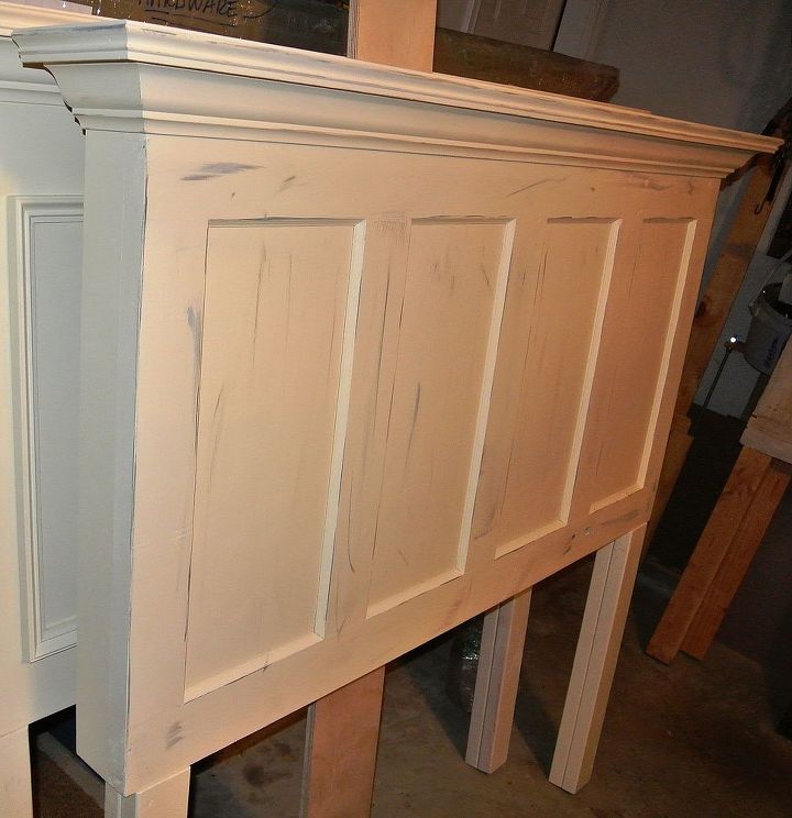 popcorn white 4 panel old door headboard with gray distressing applied, bedroom ideas, painted furniture, repurposing upcycling