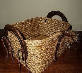 rope basket with worn horseshoes, crafts, repurposing upcycling
