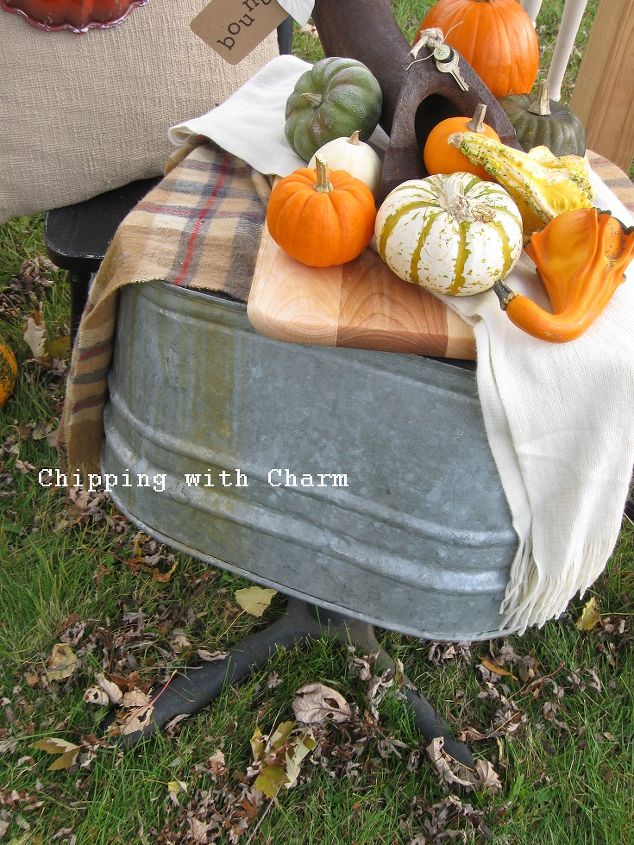 a junky fall vignette lots of re purposing fun, outdoor living, repurposing upcycling, seasonal holiday decor, I took it outside and arranged it on my wash tub turned outdoor table