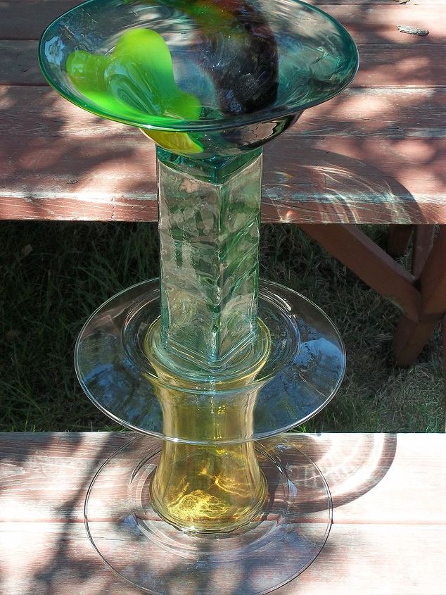 upcycled glass projects, repurposing upcycling, Bird Bath with hand blown glass bowl