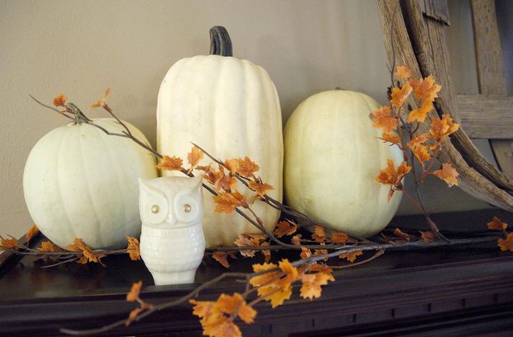 simple white fall mantel, living room ideas, seasonal holiday decor, Got the tiny owl at an estate auction where I literally picked up a truckload of old Avon stuff for 1 total The owl was in the mix