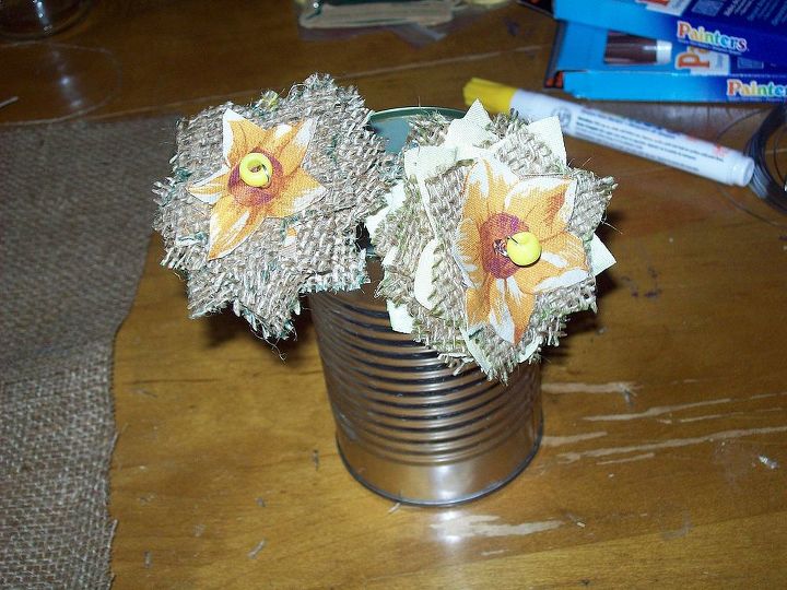 burlap flowers, crafts, In an empty can