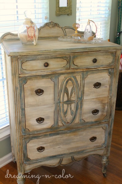 layering paint on a dresser, painted furniture, Blues to outline and light and dark wax to achieve this old look