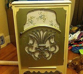 old radio cabinet turned into bedroom storage, painted furniture, repurposing upcycling, Door with the same contact paper and green metallic accent paint I got at Menards