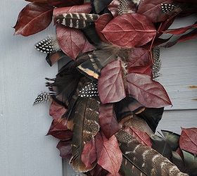 diy fall wreath with turkey feathers, crafts, seasonal holiday decor, wreaths, Close up of the feathers and leaves