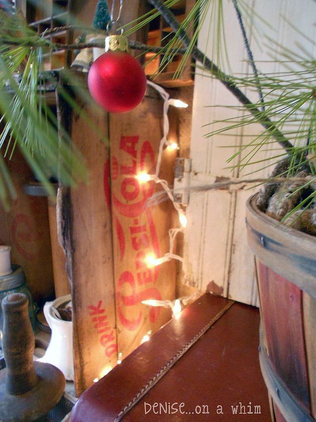 adding some vintage finds into my christmas decorating, christmas decorations, repurposing upcycling, seasonal holiday decor, A Vintage Pepsi crate and a festive bushel basket