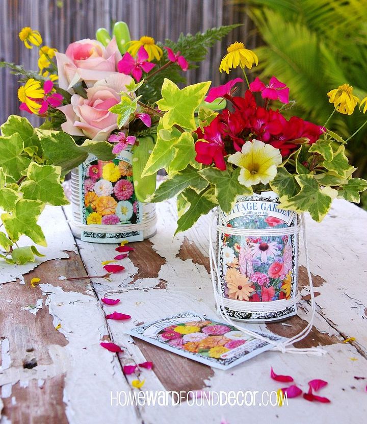 feliz da de mayo haz cestas de flores con latas de conserva, Las latas los paquetes de semillas y la cuerda se combinan para crear peque as cestas o cubos de flores para regalar el Primero de Mayo