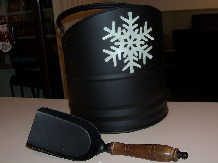 diy salt bucket let it snow, crafts, repurposing upcycling, I hot glued snowflake window clings on three sides