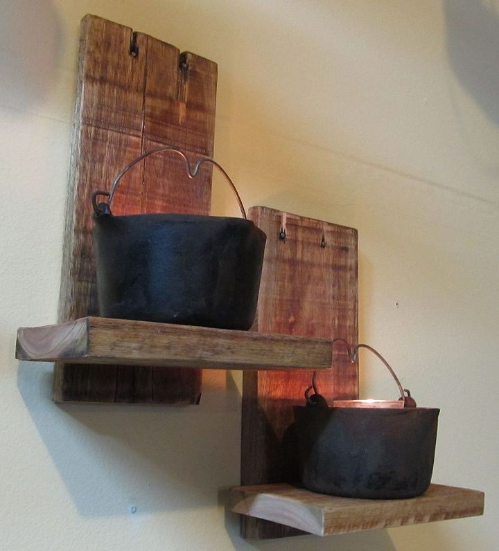 little cast iron pot candle holders with redeemed pallet wood, crafts, home decor, pallet, repurposing upcycling, woodworking projects, Used the floating shelf system to attach wood