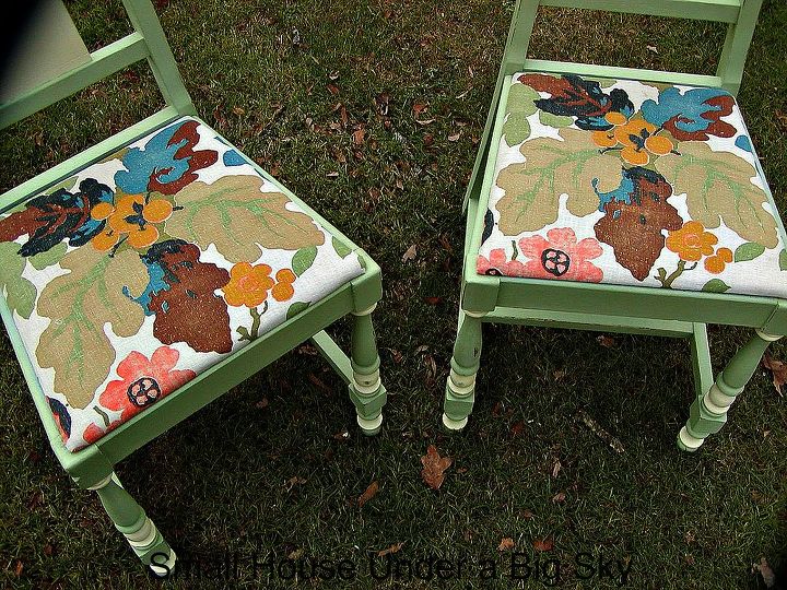 using vintage fabric on chairs, chalk paint, painted furniture, repurposing upcycling, Oak motif on the vintage linen chair seats came from vintage curtain panels