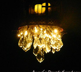 how i diy d an outdoor chandelier, lighting, outdoor living, Battery operated Chandelier that I made turned on at night Sparkles brilliantly through the crystal prisms