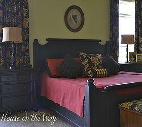 master bedroom tour, bedroom ideas, home decor, Black furniture with red and black fabrics accented with yellows and greens