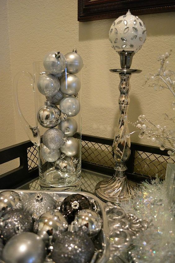easy to create winter white vignette for the holidays, christmas decorations, seasonal holiday decor, On the left a pitcher filled with silver ornaments
