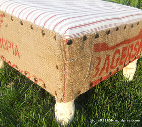 coffee sack ottoman, painted furniture, reupholster, window treatments, The finished piece