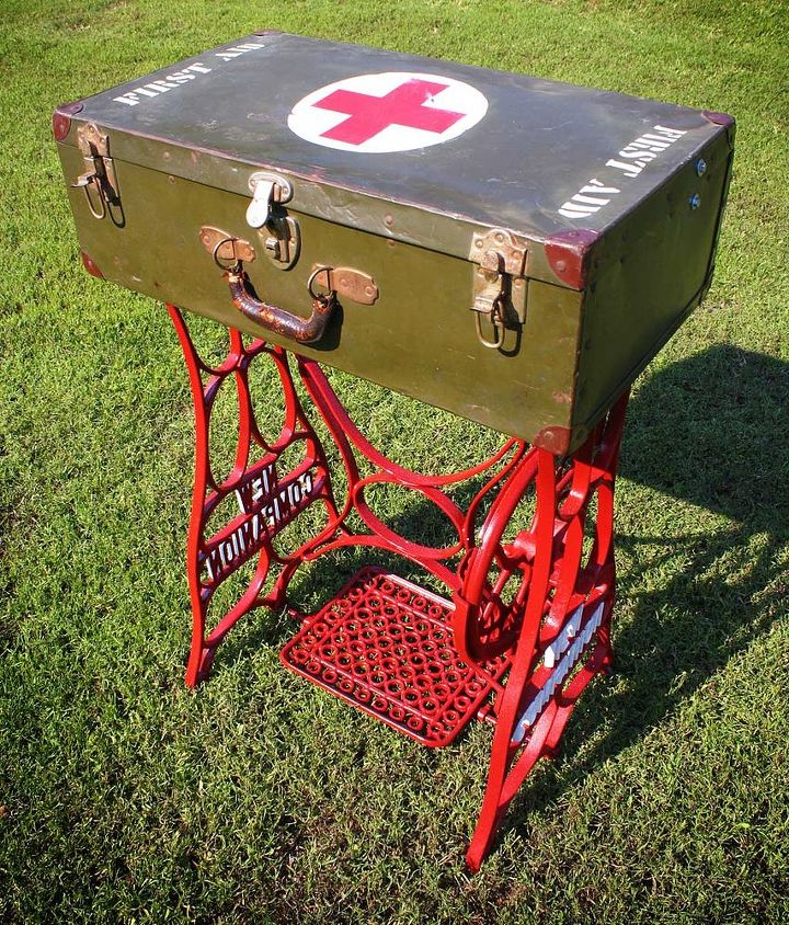 repurposed wwii military first aid storage suitcase table w sewing machine base, repurposing upcycling, Repurposed WWII Military First Aid Storage Suitcase Table w Sewing Machine Base Yardsticks