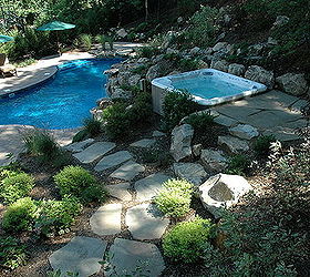 integrating a portable spa into a backyard oasis, landscape, outdoor living, ponds water features, pool designs, spas, In ground Pool with Portable Spa Adding hot tub to other backyard amenities freeform pool two level patio lounging area with embedded umbrellas stream waterfall was important for these homeowners