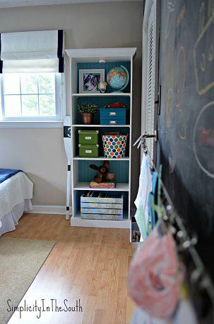 room reveal our two youngest boys shared bedroom, bedroom ideas, home decor, Bead board and crown molding was added to the bookshelf that I rescued from our storage building The beadboard was then painted with Annie Sloan Chalk Paint