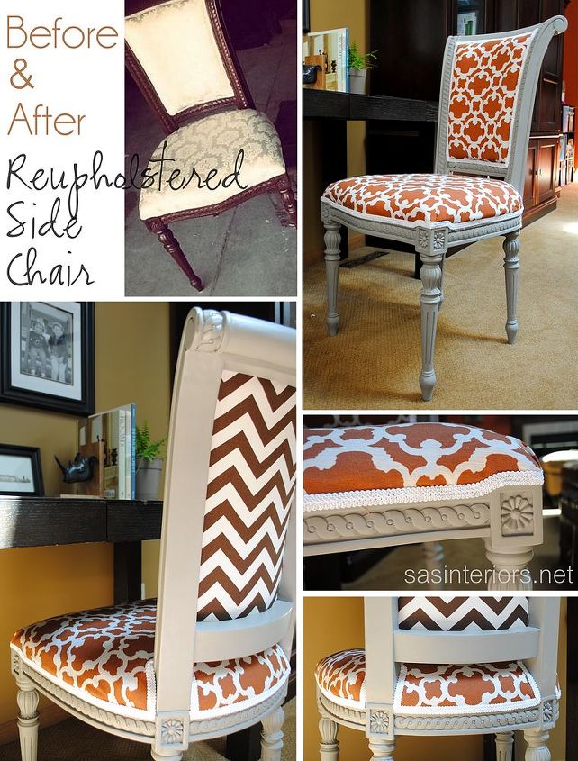 reupholstered desk chair, chalk paint, painted furniture, reupholster, Before and After Reupholstered Desk Chair