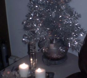 another great find, painted furniture, seasonal holiday decor, I had this Silver Fiber Optic tree 4 thrift store I put 2 candle on my mom s old silver plated tray and added her Crystal thermometer in the center