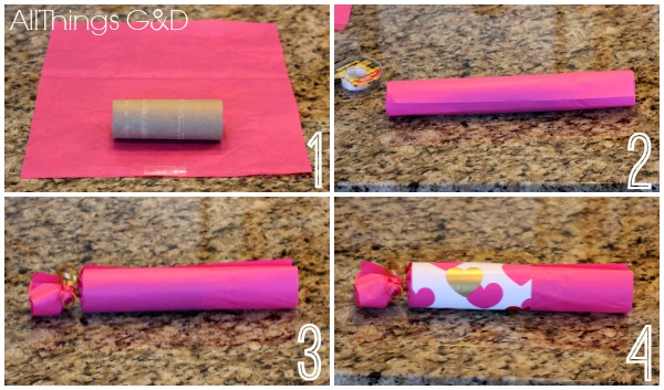 easy diy valentine poppers, crafts, repurposing upcycling, seasonal holiday decor, valentines day ideas, Cut tissue paper into an 11 5 x 11 5 square and wrap around toilet paper roll securing with double stick tape Cut wrapping paper 4 wide x 6 5 long and wrap around roll securing with double stick tape Tie one end with ribbon