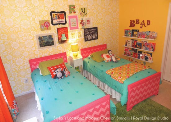 stencil and pattern ideas for girl s bedrooms, bedroom ideas, painting, Royal Design Studio fan Haneen Boraby Matt used our Skylar s Lace in her daughters bedroom with bright pops of color