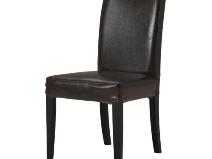 got new dining chairs looking for a contemporary metal and wood round or square, painted furniture, reupholster, HENRIKSDAL chair with brown black legs and dark brown leather upholstery