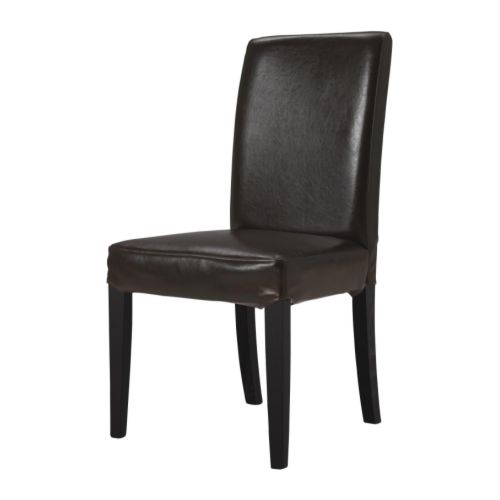 got new dining chairs looking for a contemporary metal and wood round or square, painted furniture, reupholster, HENRIKSDAL chair with brown black legs and dark brown leather upholstery