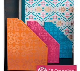 colorful diy stencil ideas for a stylish desk organization project, craft rooms, home office, organizing, painted furniture, The Furniture sized versions of some of our New Modern Stencils add the perfect details to the everyday magazine holder