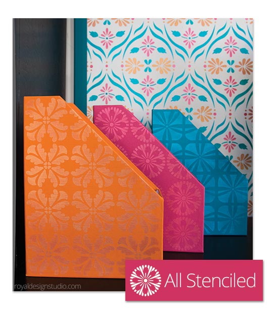 colorful diy stencil ideas for a stylish desk organization project, craft rooms, home office, organizing, painted furniture, The Furniture sized versions of some of our New Modern Stencils add the perfect details to the everyday magazine holder
