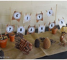 thanksgiving diy banner, crafts, seasonal holiday decor, thanksgiving decorations, Scatter pine cones around the table followed by a few candles and any thanksgiving decor you may have I added two cute little turkeys I found at Target
