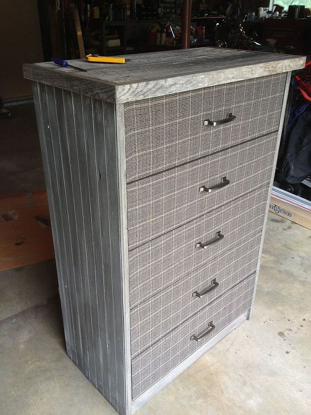 dresser makeover using reclaimed wood and plaid fabric, diy, painted furniture, woodworking projects