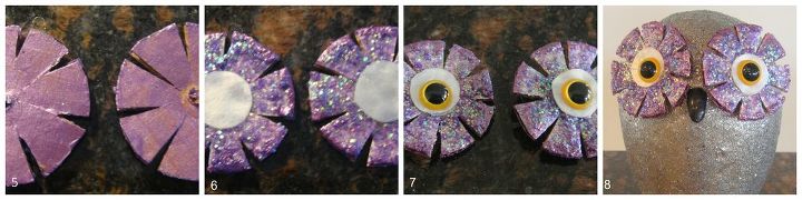 create a glitzy owl, crafts, seasonal holiday decor, Make pie shaped slits and coat with glitter paint Add circles for the whites of the eyes and attach plastic animal eyes