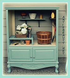22 clever cabinet ideas all found on hometalk, kitchen cabinets, painted furniture, How about a mini potting shed made from an old armoire