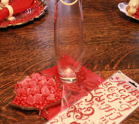valentine s day thrift store to romance, christmas decorations, seasonal holiday d cor, valentines day ideas, Cinnamon and candy hearts thrift store glass bottle table napkin dollar store letters Christmas beads thrift store mirrored tray and embellishments