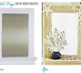 diy coastal rope mirror makeover, crafts, decoupage, Before it was a sweet and simple framed mirror after it has been transformed into this coastal rope mirror