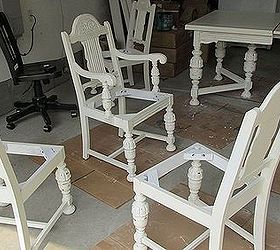 diy 1920 s vintage table chairs redo, home decor, living room ideas, painted furniture, IN PROGRESS Had to spray with Killz White Primer so no bleed through from old Mahogany finish