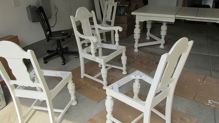 diy 1920 s vintage table chairs redo, home decor, living room ideas, painted furniture, IN PROGRESS Had to spray with Killz White Primer so no bleed through from old Mahogany finish