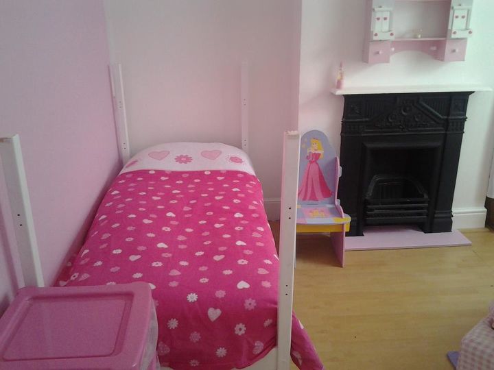 re modeled girls bedroom aged 7 amp 2 in a shabby chic style, bedroom ideas, home decor, shabby chic, This is a mid sleeper upside down eventually it will be a castle bed when hubby gets the time