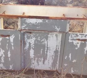 rusty old metal cabinet turned butcher block island, kitchen cabinets, kitchen design, kitchen island, painted furniture, repurposing upcycling, The cabinet we found in a friend s pasture