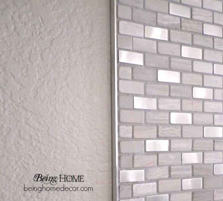super simple diy tile backsplash, home decor, kitchen backsplash, kitchen design, tiling, wall decor, Close up of tile and metal trim edge