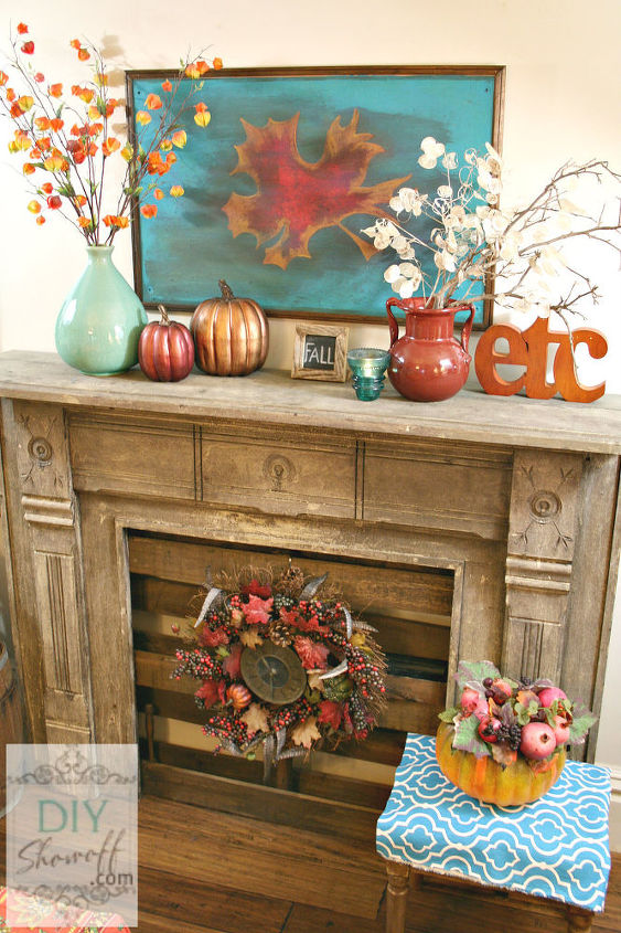 decorating our mantel for fall, seasonal holiday decor, My leaf painting which my husband refers to as my lion fish painting l haha