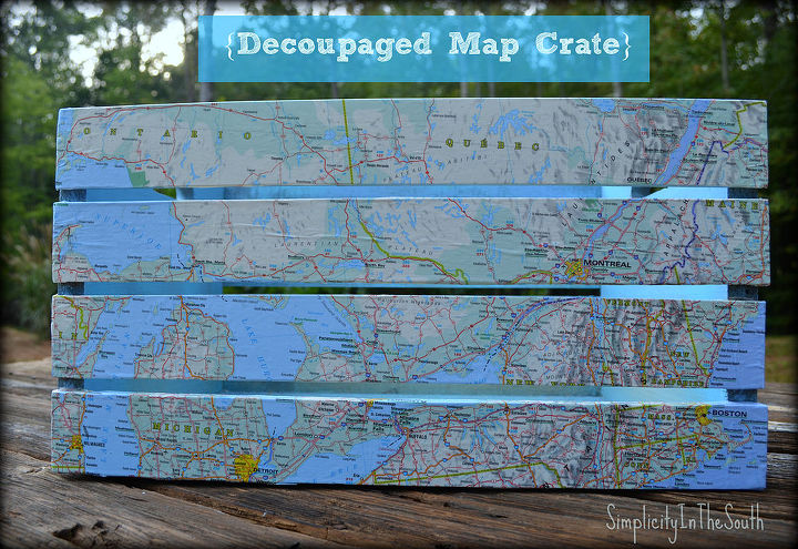 decoupaged map crate mod podge madness, crafts, decoupage, organizing