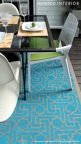 stenciled outdoor rugs, flooring, outdoor living, painting, The Large Moroccan Key stencil looks beautiful in blue on this stenciled rug by Kristin of Hunted Interior blog